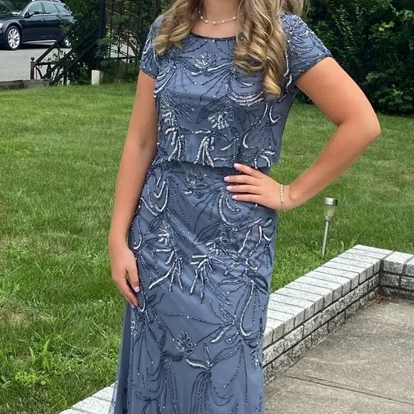 adrianna papell light blue sequin dress Navy & White Sailor Swing Dress - Large